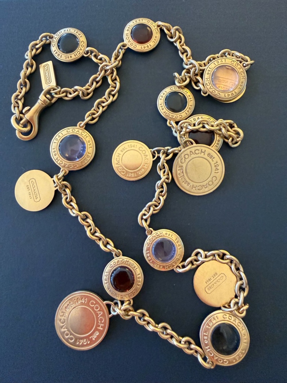 Beautiful Coach Gold-Tone Disc Station Necklace with Black and Brown Accents